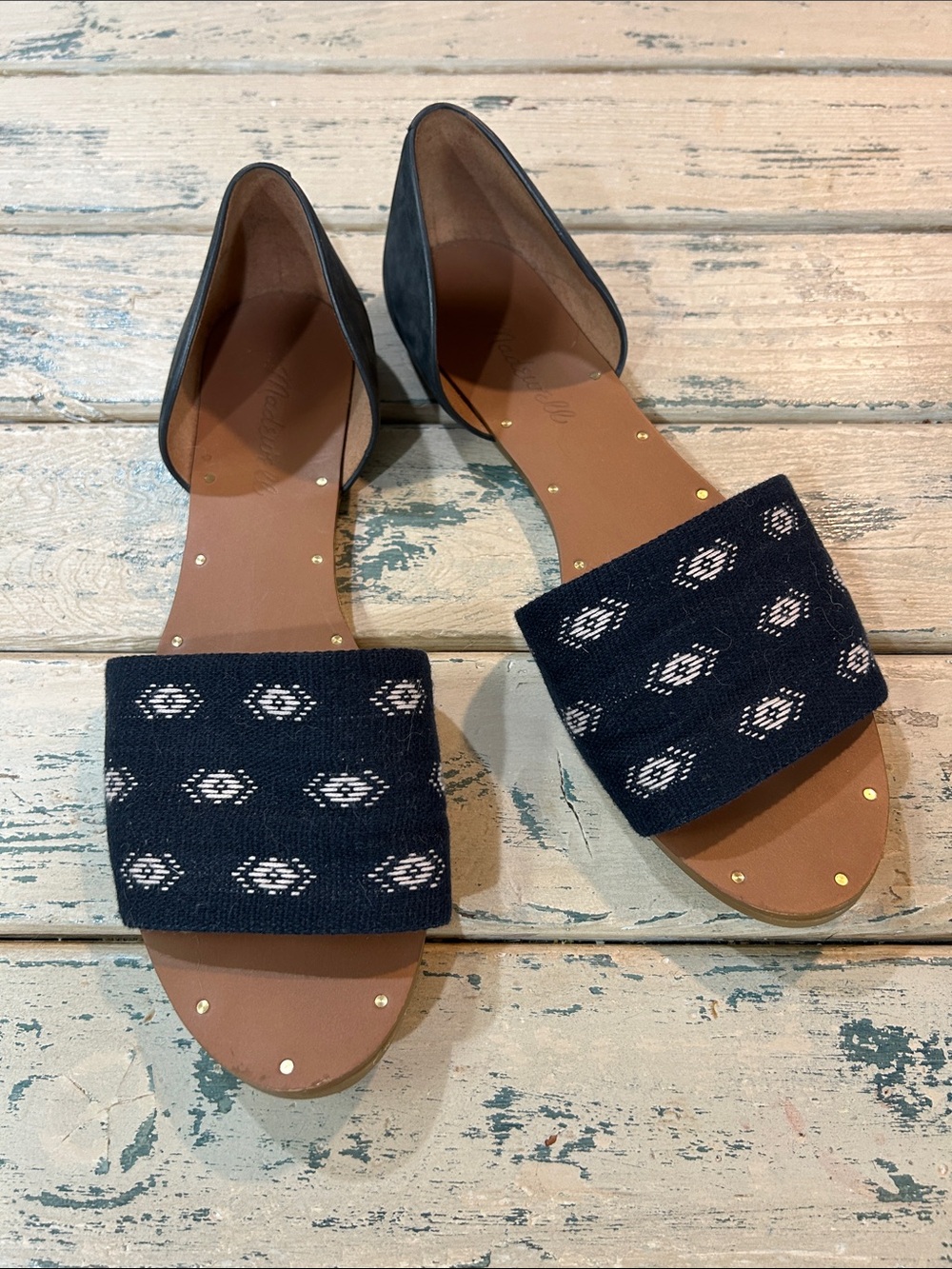Madewell Thea Sandals Navy Diamond Stitch Fabric and Leather Size 8